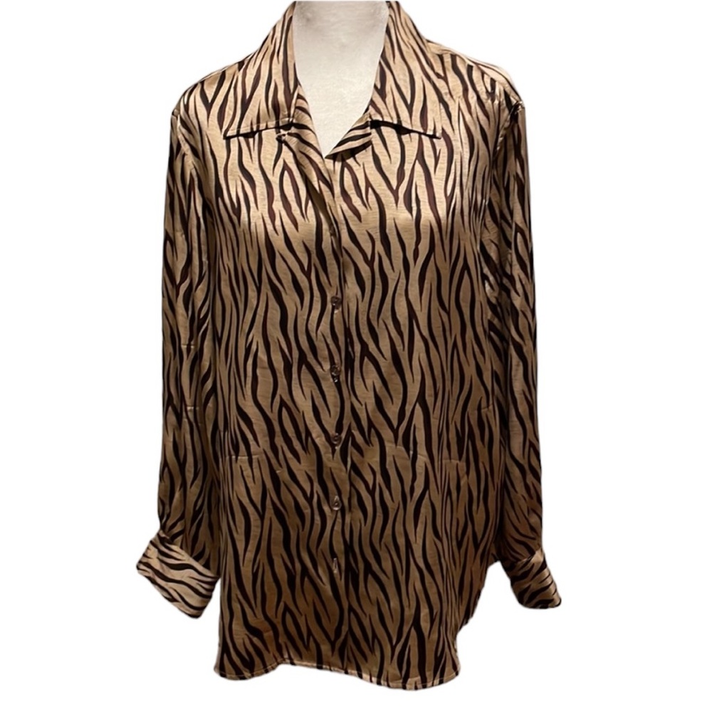 Anne Klein II Vintage Silk Shirt. Gold and Brown. VGC. Size L